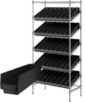 Heavy Duty Commercial Wire Shelving Unit With Forty Snap Lock Storage Bins For Garage Workshop Warehouse And Office with black bins.