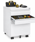 Built Tough As Nails Three Drawer Rolling Tool Chest With Swivel Wheels And Heavy Duty Locks in white, storing various tools and hardware.