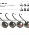 Close-up of 12 Pack Vintage Metal Shower Curtain Hooks with Round Glide Rings on white surface, four hooks displayed.