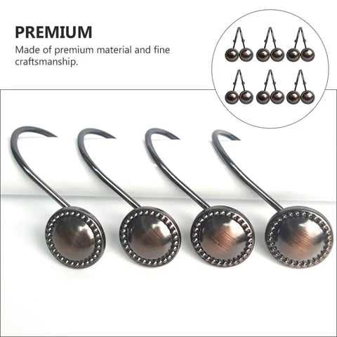 Close-up of 12 Pack Vintage Metal Shower Curtain Hooks with Round Glide Rings on white surface, four hooks displayed.