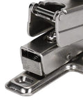 Close-up of hydraulic soft close cabinet hinge with copper core damping system for quiet no slam closings, steel construction.
