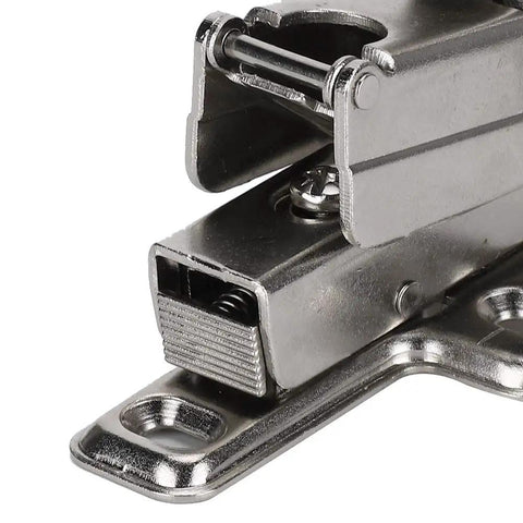 Close-up of hydraulic soft close cabinet hinge with copper core damping system for quiet no slam closings, steel construction.