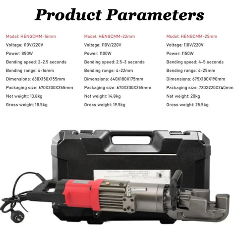Product parameters for Portable Hydraulic Rebar Bender With 1150W Pure Copper Motor That Bends Up To 25 Millimeter Steel Bars.