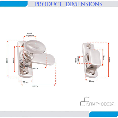 Polished Nickel Oval Cabinet Turn Latch 55mm Cupboard Lock dimensions detail with nickel finish and durable brass hardware.