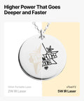 Round silver pendant necklace with a two-tone split design on a chain; front view; text reads xTool F2 5W IR Laser.