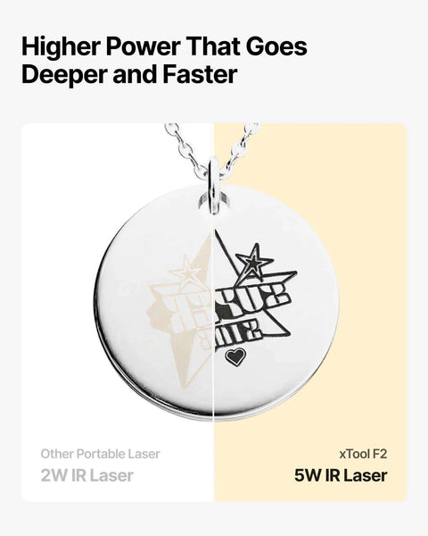 Round silver pendant necklace with a two-tone split design on a chain; front view; text reads xTool F2 5W IR Laser.