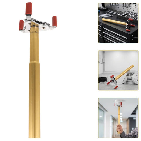Ladder Free Smoke Transducer Assembly Tool With Heavy Hitter Sensor Head For High Ceiling Detectors, gold rod tool with grip.