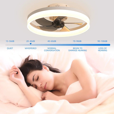 Bladeless Ceiling Fan With Lights And Remote Control 6 Speeds 3 Color Modes Geometric Modern Style White Flush Mount over bed