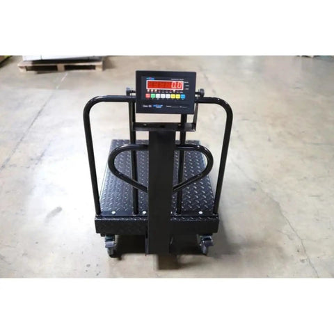 Heavy Duty Digital Platform Bench Scale With Smooth Roll Casters And Reinforced Backrail, 24 By 32 Inches, 1000 Pound Capacity, front view showcasing digital display.