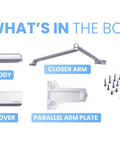Beefy Heavy Duty Commercial Door Closer Grade 1 Hydraulic Automatic Overhead Self Closer components including arm, plate, and screws