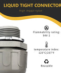 Three Quarter Inch Liquid Tight NPT Non Metallic PVC Conduit Connector, high impact nylon, flammability rating 94V-2