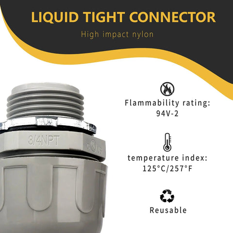 No Sweat 3/4 Inch Liquid Tight Conduit Connectors Straight Shape Grey Nylon 6 Build showing detailed flammability and temperature ratings.