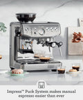 Home Barista Game Changer Smart Bean To Cup Espresso Machine With Intelligent Auto Dosing And Powerful Steam Wand For Dope Microfoam And Smooth Daily Sips In Damson Blue on countertop, espresso cups and pastries.