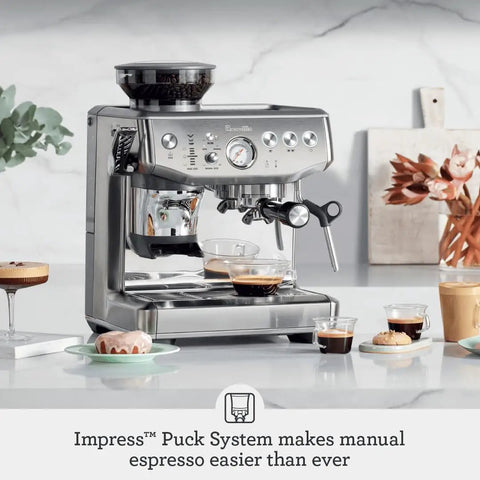 Home Barista Game Changer Smart Bean To Cup Espresso Machine With Intelligent Auto Dosing And Powerful Steam Wand For Dope Microfoam And Smooth Daily Sips In Damson Blue on countertop, espresso cups and pastries.
