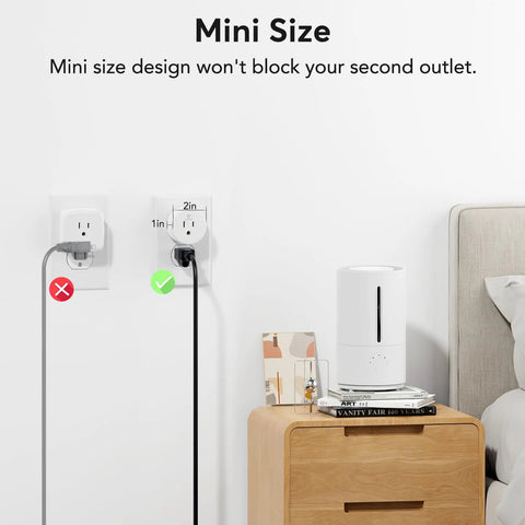 Smart Plug For Alexa And Google Home With Remote Control And Timer No Fuss Setup 2.4GHz WiFi Only in wall showing mini size