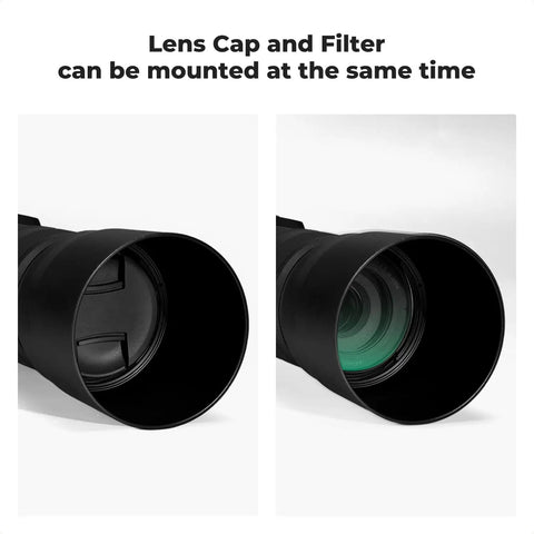 67mm Lens Hood Replacement for Canon RF 100-400mm showing lens cap and filter compatibility