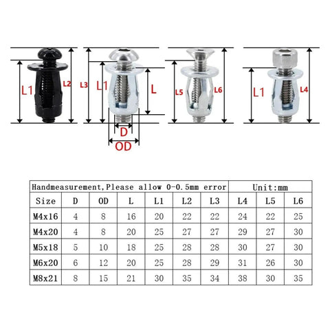 Petal Expansion Rivet Kit For License Plates And Thin Metal Panels M4 To M8 Carbon Steel Size Chart and Measurements