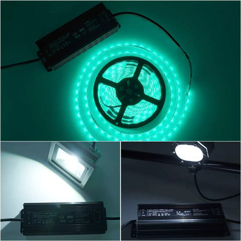 Beefy 120W 12V DC LED Power Supply With IP67 Waterproof Rating, shown powering green 12V LED strip, floodlight, and spotlight.