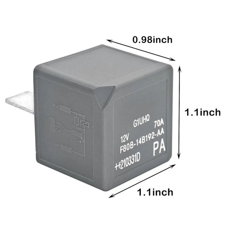 Beefy 12V DC 70A 4-Pin Automotive Power Relay for Heavy-Duty Circuits, shown with dimensions 1.1x1.1x0.98 inches.