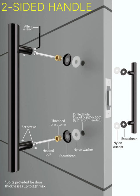 12 Inch Two Sided Stainless Steel Matte Black Door Handle Pull For Modern Front Doors And Glass Entrances Double Sided Pull Bar For Commercial Sliding Barn Interior And Exterior Use Pro Grade Built To Last on door with installation diagram