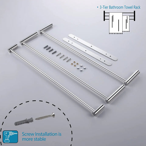 Stainless Steel 3-Tier Ladder Towel Rack With Wall Mount In Polished Chrome parts and screws displayed before assembly.