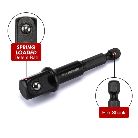Close-up of 1/2 to 1/4 inch adapter with spring-loaded detent ball and hex shank for 1/2 Inch Drive Deep Impact Socket Set Built Tough.