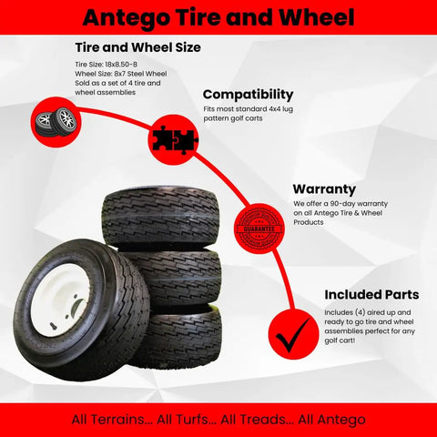 18x8.50-8 Golf Cart Tires On 8x7 White Wheels Assemblies Set Of 4 Universal Fit For EZGO Yamaha Club Car Golf Carts Built For All Terrain Traction And A Smoother Ride On Grass Sand And Gravel Upgrade Your Cart And Roll With Confidence.