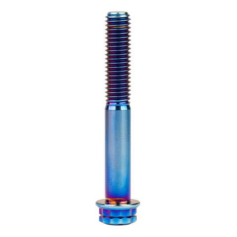 Titanium flange bolt with burnt blue finish, M10 x 55mm, 12-point head, side view