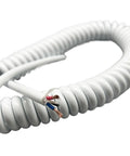 Heavy Duty Coiled Power Cord 15 AWG Pure Copper Spiral Spring Extension Cable in white, showcasing coiled design and exposed wiring.