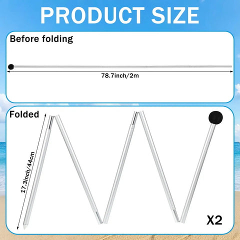 Size comparison of Double Pack 6.56 Foot Beach Tent Poles Replacement For Neso And Gigante Canopies, showing folded and unfolded lengths.