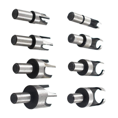 Pro Grade Slick Acting Wood Plug Cutter Set Built Tough With Heavy Duty Carbon Steel showing eight varied sizes for dowel filling.