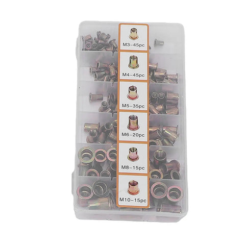 Plastic box with 175 rivet nuts labeled M3 to M10 from the Rivet Nut Tool Kit 175Pcs Metric Rivet Nuts With 6 Mandrels M3 To M10 For Automotive And Industrial Use DIY Ready All In One Fastening Set Perfect For Sheet Metal Aluminum Plastic.