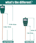 Comparison of Almost 12 Inch Long Probe Soil Moisture Meter with ordinary model showing lengths and dimensions