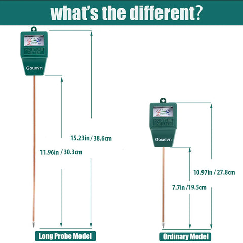 Comparison of Almost 12 Inch Long Probe Soil Moisture Meter with ordinary model showing lengths and dimensions