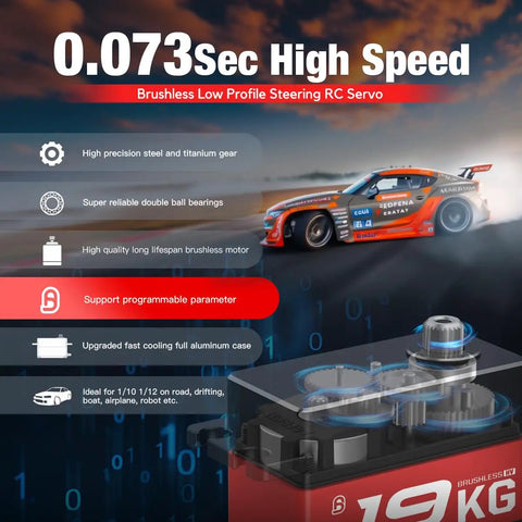 Beefy High Torque Low Profile Digital Servo With Full Metal Gear And Brushless Motor for 1/10 scale cars, 19Kg torque, 0.073s speed