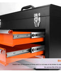 Kickass Iron Drawer Organizer Built As A Steel Parts Box With Low Friction Casters And Desktop Sorting Trays, showcasing sliding orange trays.