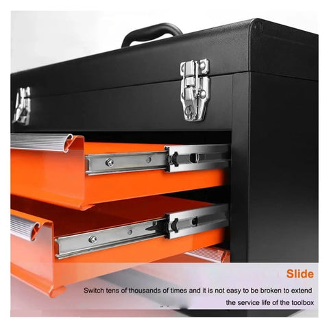 Kickass Iron Drawer Organizer Built As A Steel Parts Box With Low Friction Casters And Desktop Sorting Trays, showcasing sliding orange trays.