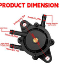 Beefy Vacuum Fuel Pump Replacement for 17HP to 25HP Small Engines with labeled dimensions, showing multiple hose outlets.