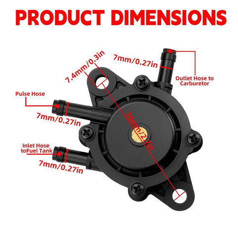 Beefy Vacuum Fuel Pump Replacement for 17HP to 25HP Small Engines with labeled dimensions, showing multiple hose outlets.