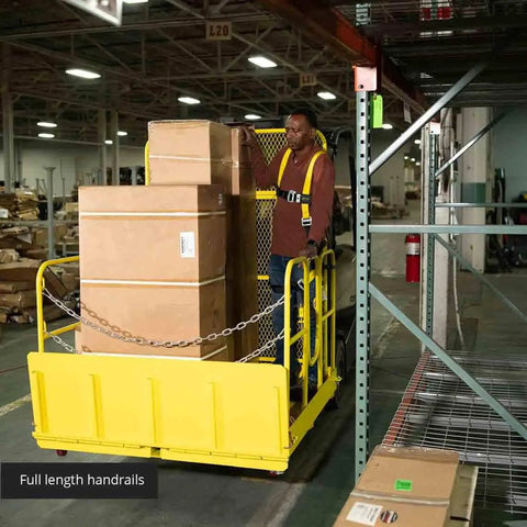 Rock Solid 54 Inch Wide Mobile Work Platform Safety Cage For Forklifts And Fork Trucks Job Ready Rig showcases a worker transporting boxes.