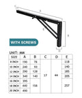 Diagram showing two pack triangle wall brackets with measurements and screws, heavy duty stainless steel foldable for DIY furniture.