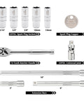 11 Piece Spark Plug Socket Set With 3/8 Inch Drive Ratchet, Universal Joint, And Extensions Including 5/8, 3/4, 13/16, 14mm, 18mm Sockets With Spark Plug Gap Tool In CR V Steel With Rubber Holder Ring, shown with sockets, ratchet, joints, and extensions