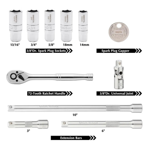 11 Piece Spark Plug Socket Set With 3/8 Inch Drive Ratchet, Universal Joint, And Extensions Including 5/8, 3/4, 13/16, 14mm, 18mm Sockets With Spark Plug Gap Tool In CR V Steel With Rubber Holder Ring, shown with sockets, ratchet, joints, and extensions