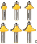 Six Bit Round Over Edge Forming Router Bit With One Half Inch Shank For Wood Edges And Molding Projects, set of six bits displayed
