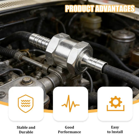 Two Piece One Way Check Valve With Mounting Clamps Rock Solid Aluminum Alloy Flow Regulator installed in vehicle engine for durability.