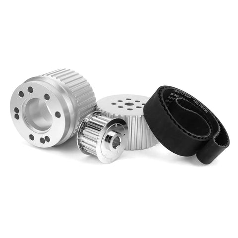Thinking Process: silver aluminum alternator pulley kit with black V-belt for 351C engine, front view