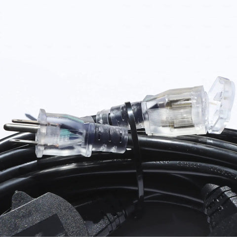 Close-up of cable ends of Heavy Duty 25Ft Power Extension Cord With 7 Evenly Spaced Outlets, 16 Gauge SJTW Cable From Male NEMA 5 15P