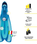 Agua Full Foot Snorkeling Fins With Self Adjusting Foot Pocket System, Blue, Entry Level Design Highlights Features