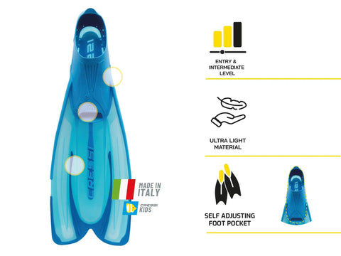 Agua Full Foot Snorkeling Fins With Self Adjusting Foot Pocket System, Blue, Entry Level Design Highlights Features