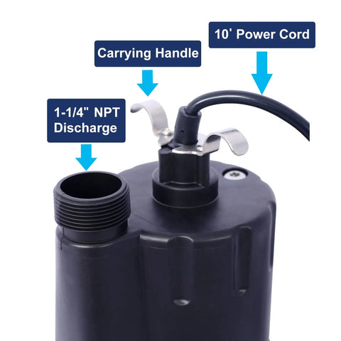 Detailed view of Heavy Duty Submersible Sump Pump 1/3HP 2500GPH with 10 ft power cord and 1-1/4" NPT discharge.